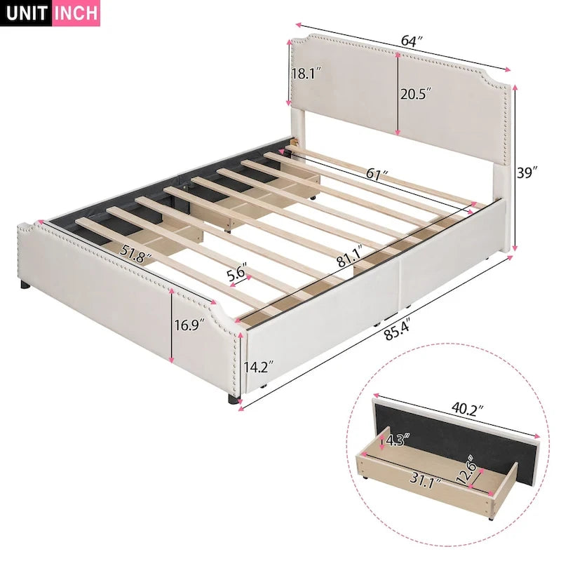 Lit plateforme capitonné en velours, avec tête de lit et pied de lit ornés de clous, 4 tiroirs de rangement intégrés, pas besoin de sommier.