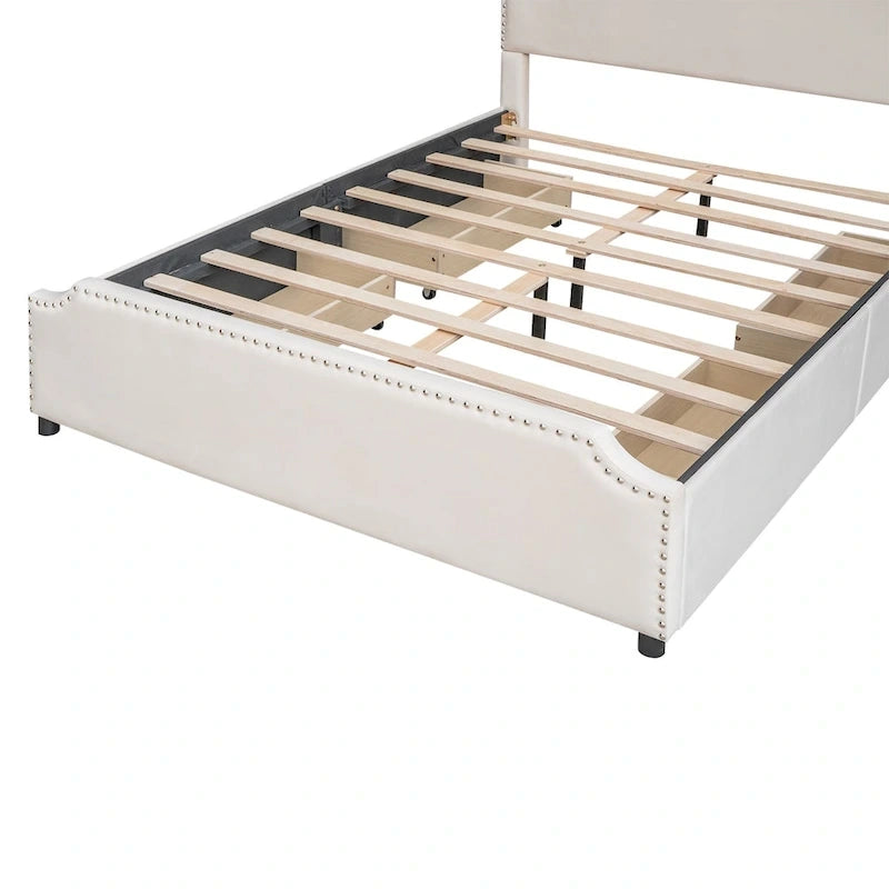 Lit plateforme capitonné en velours, avec tête de lit et pied de lit ornés de clous, 4 tiroirs de rangement intégrés, pas besoin de sommier.