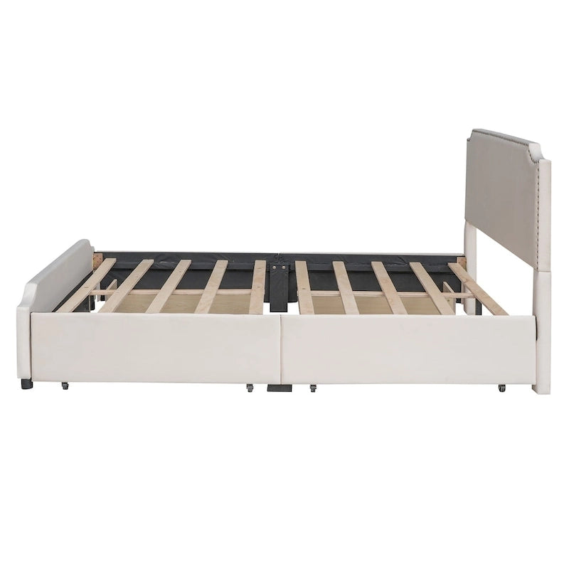 Lit plateforme capitonné en velours, avec tête de lit et pied de lit ornés de clous, 4 tiroirs de rangement intégrés, pas besoin de sommier.