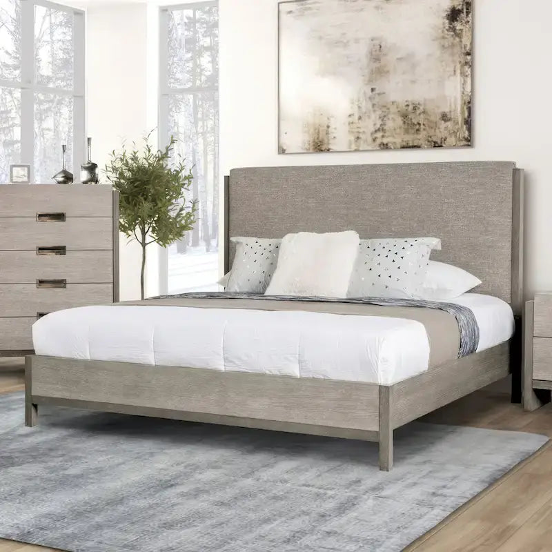 Furniture of America Cruz Ensemble de chambre contemporain 5 pièces gris en bois massif avec lit, 2 tables de chevet, commode et miroir