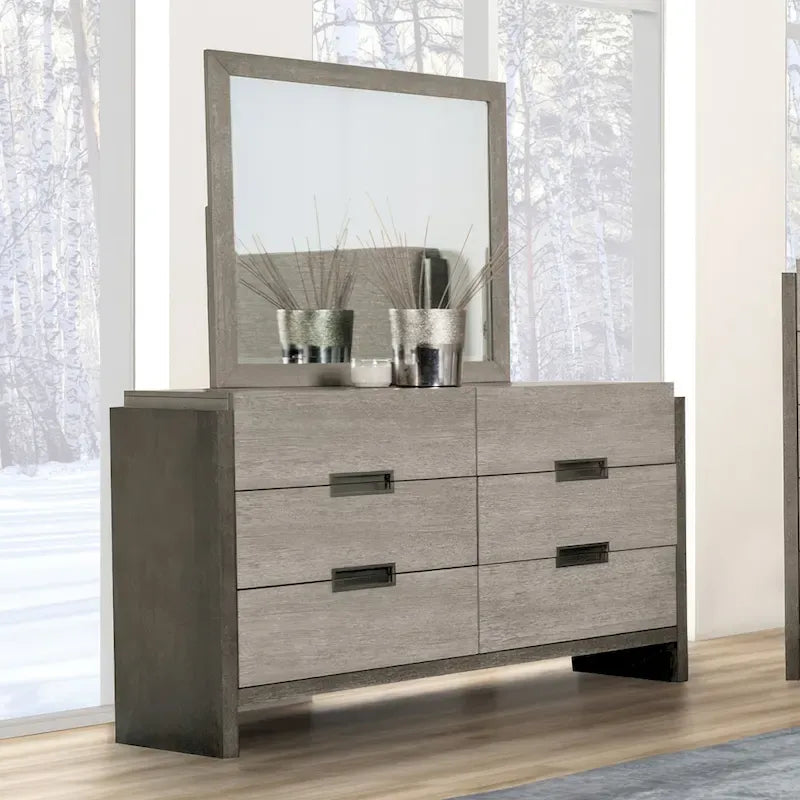Furniture of America Cruz Ensemble de chambre contemporain 5 pièces gris en bois massif avec lit, 2 tables de chevet, commode et miroir