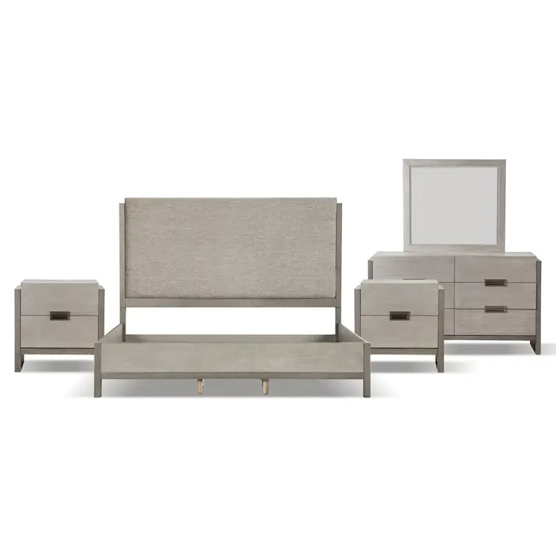 Furniture of America Cruz Ensemble de chambre contemporain 5 pièces gris en bois massif avec lit, 2 tables de chevet, commode et miroir
