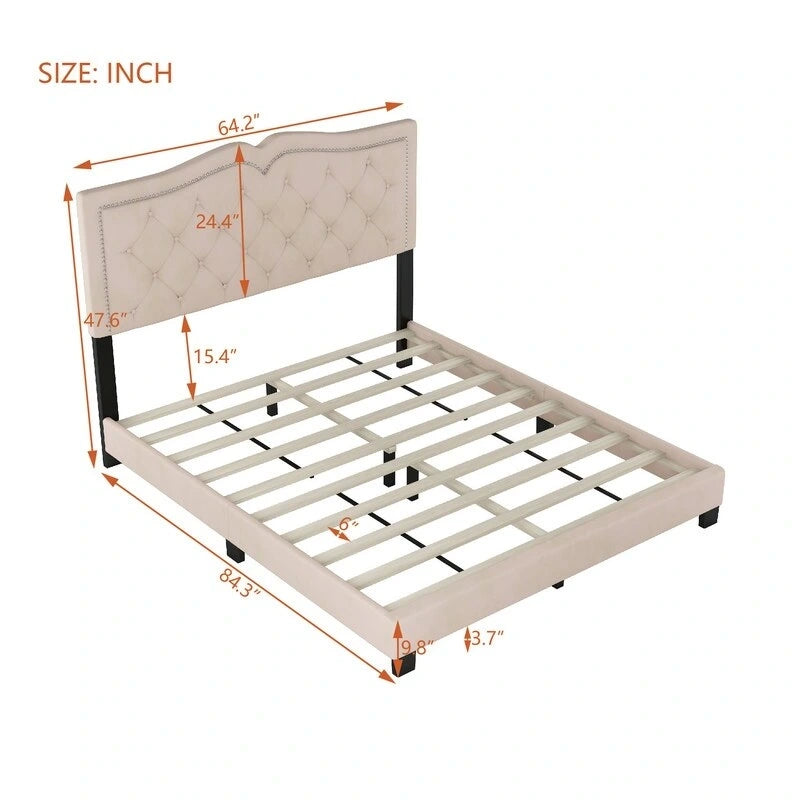 Cadre de lit tapissé Queen Size avec design riveté, lit plateforme moderne en velours avec tête de lit capitonnée