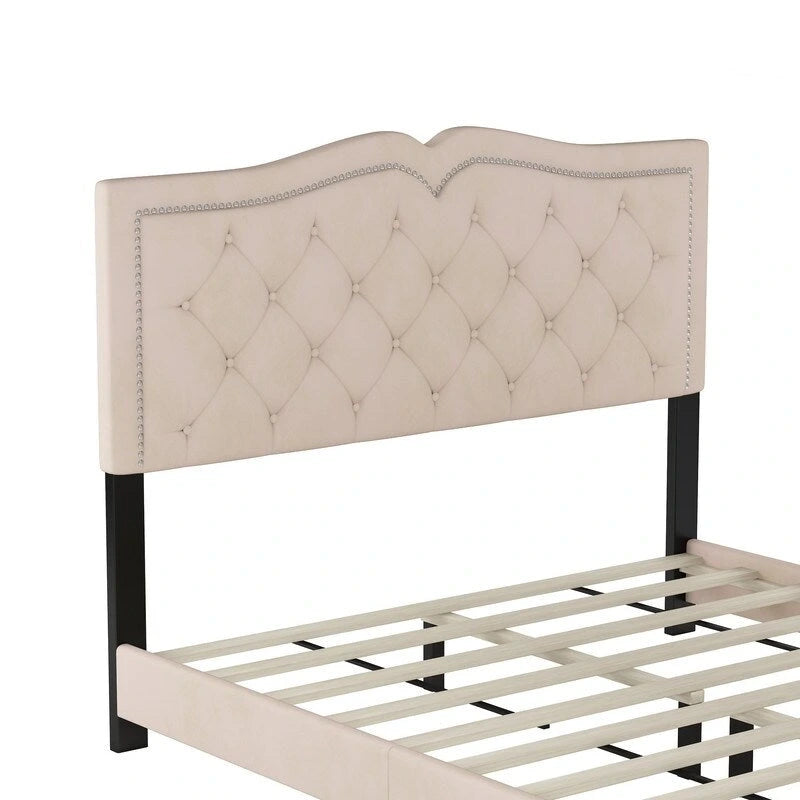 Cadre de lit tapissé Queen Size avec design riveté, lit plateforme moderne en velours avec tête de lit capitonnée