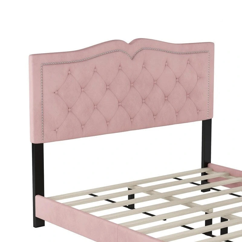 Cadre de lit tapissé Queen Size avec design riveté, lit plateforme moderne en velours avec tête de lit capitonnée