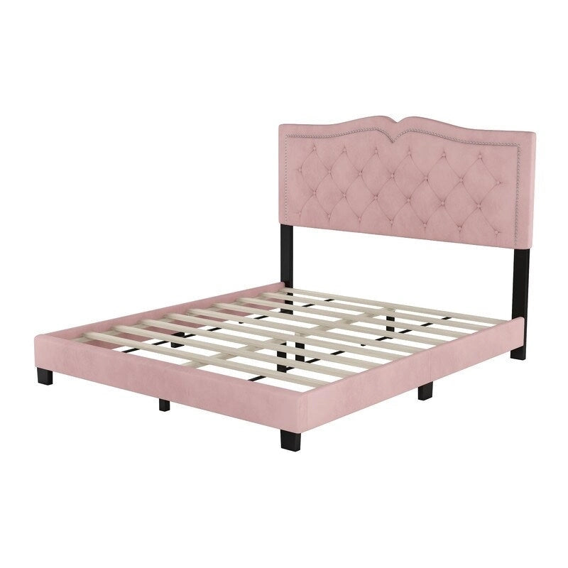 Cadre de lit tapissé Queen Size avec design riveté, lit plateforme moderne en velours avec tête de lit capitonnée
