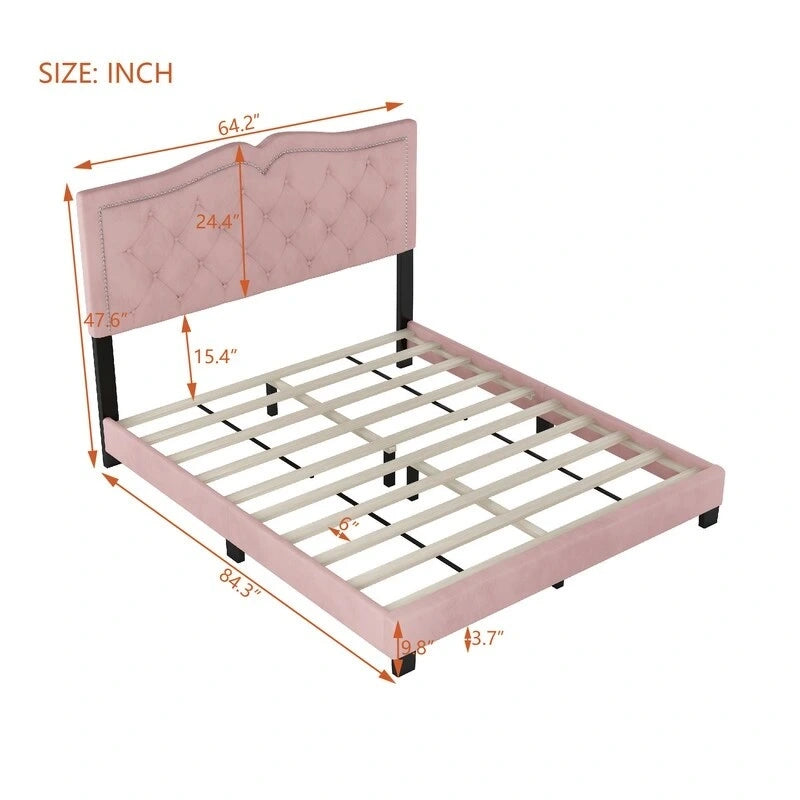 Cadre de lit tapissé Queen Size avec design riveté, lit plateforme moderne en velours avec tête de lit capitonnée