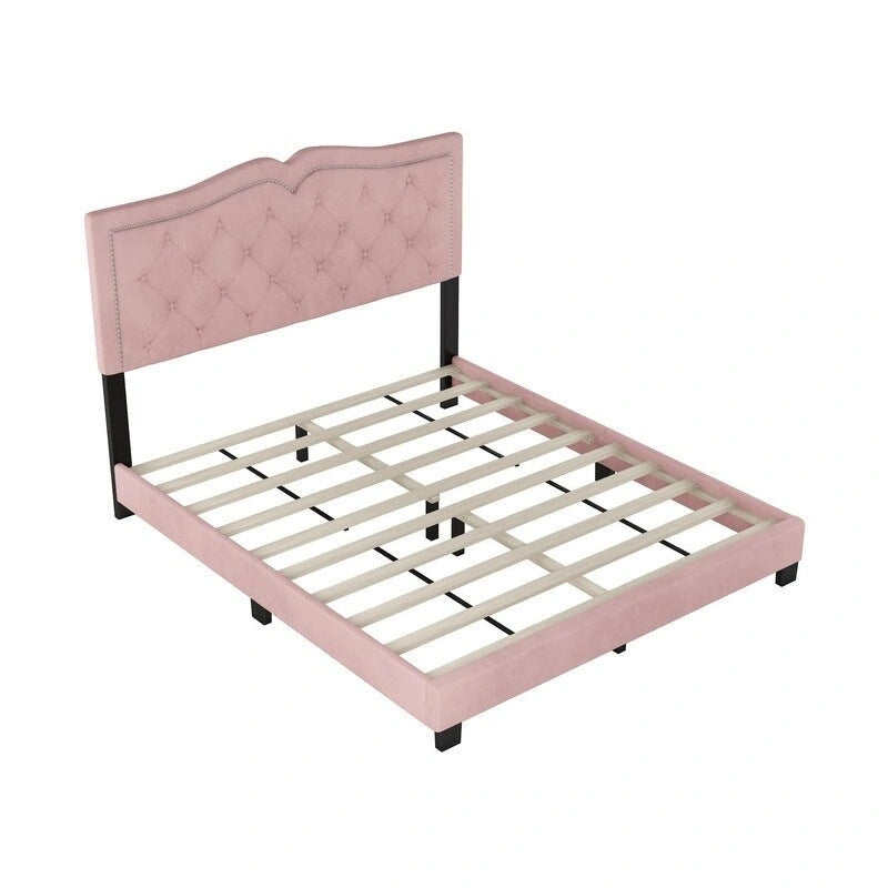 Cadre de lit tapissé Queen Size avec design riveté, lit plateforme moderne en velours avec tête de lit capitonnée