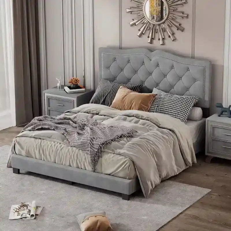 Cadre de lit tapissé Queen Size avec design riveté, lit plateforme moderne en velours avec tête de lit capitonnée