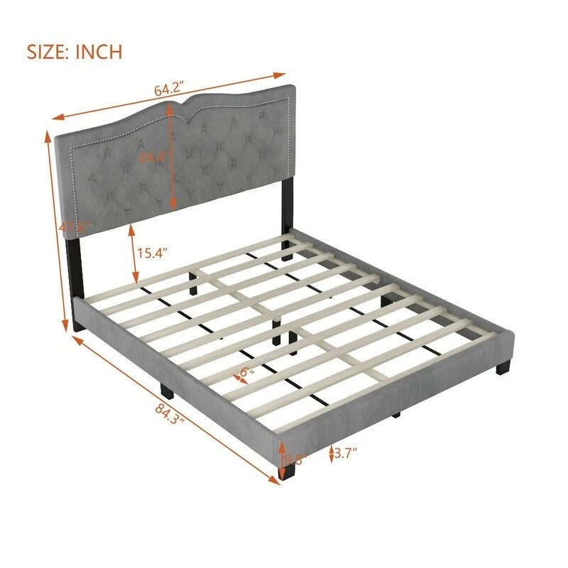 Cadre de lit tapissé Queen Size avec design riveté, lit plateforme moderne en velours avec tête de lit capitonnée