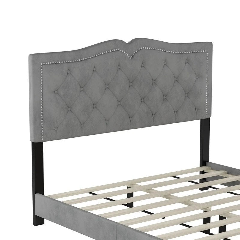 Cadre de lit tapissé Queen Size avec design riveté, lit plateforme moderne en velours avec tête de lit capitonnée