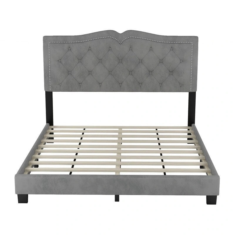 Cadre de lit tapissé Queen Size avec design riveté, lit plateforme moderne en velours avec tête de lit capitonnée