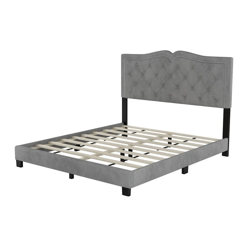 Cadre de lit tapissé Queen Size avec design riveté, lit plateforme moderne en velours avec tête de lit capitonnée
