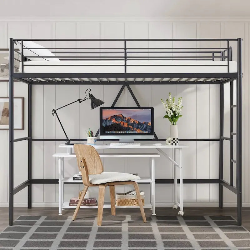 Lit mezzanine taille jumeau, cadre de lit en métal robuste avec garde-corps pleine longueur et escalier amovible pour juniors et adultes