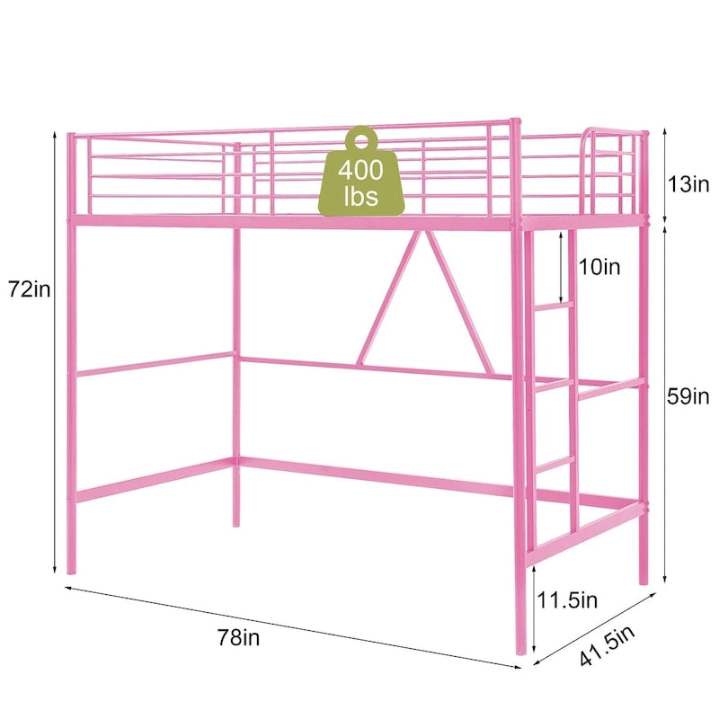 Lit mezzanine taille jumeau, cadre de lit en métal robuste avec garde-corps pleine longueur et escalier amovible pour juniors et adultes