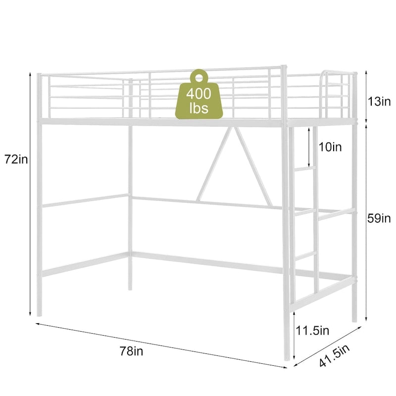 Lit mezzanine taille jumeau, cadre de lit en métal robuste avec garde-corps pleine longueur et escalier amovible pour juniors et adultes