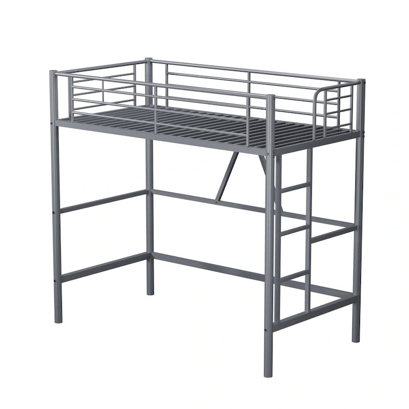 Lit mezzanine taille jumeau, cadre de lit en métal robuste avec garde-corps pleine longueur et escalier amovible pour juniors et adultes