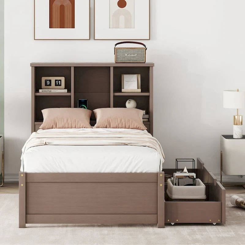Cadre de lit moderne double avec port USB intégré sur la tête de lit bibliothèque et 2 tiroirs pour chambre à coucher, salon