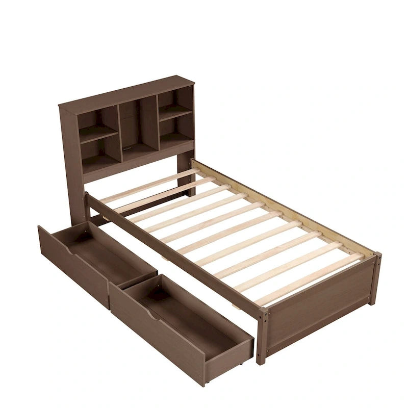 Cadre de lit moderne double avec port USB intégré sur la tête de lit bibliothèque et 2 tiroirs pour chambre à coucher, salon