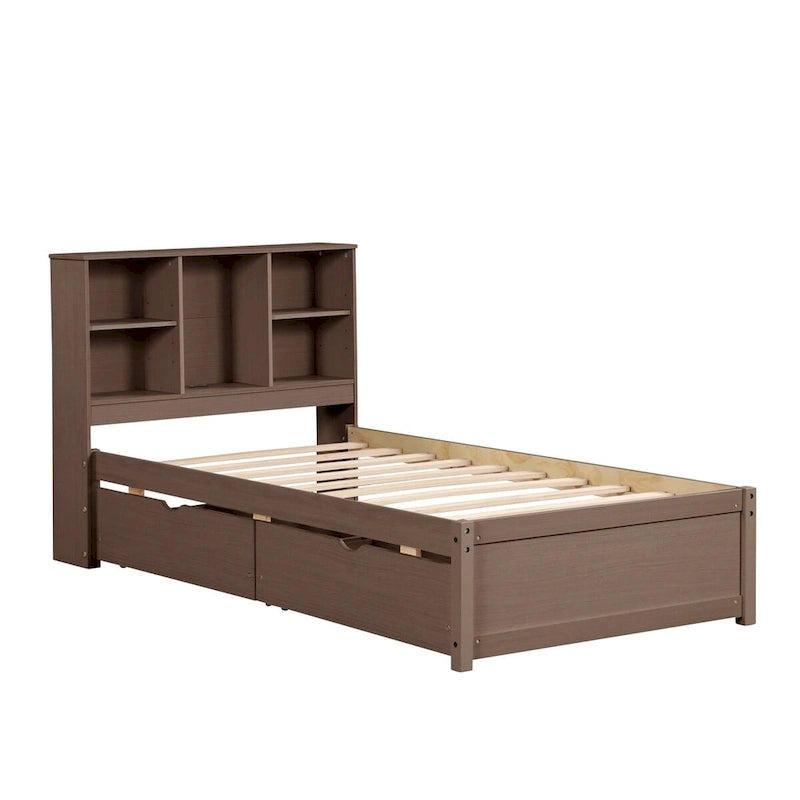 Cadre de lit moderne double avec port USB intégré sur la tête de lit bibliothèque et 2 tiroirs pour chambre à coucher, salon