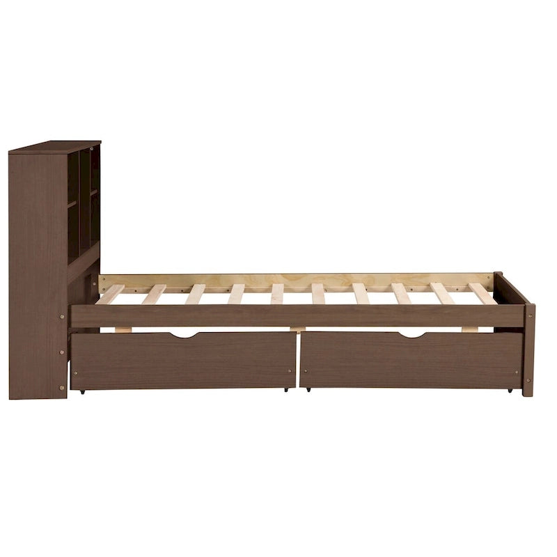 Cadre de lit moderne double avec port USB intégré sur la tête de lit bibliothèque et 2 tiroirs pour chambre à coucher, salon