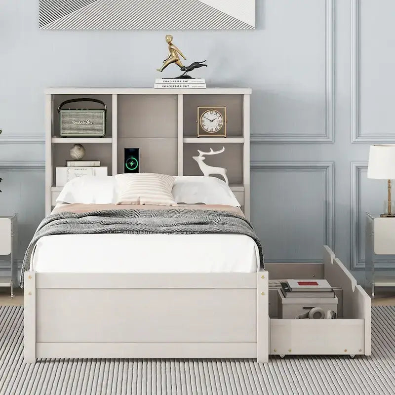 Cadre de lit moderne double avec port USB intégré sur la tête de lit bibliothèque et 2 tiroirs pour chambre à coucher, salon