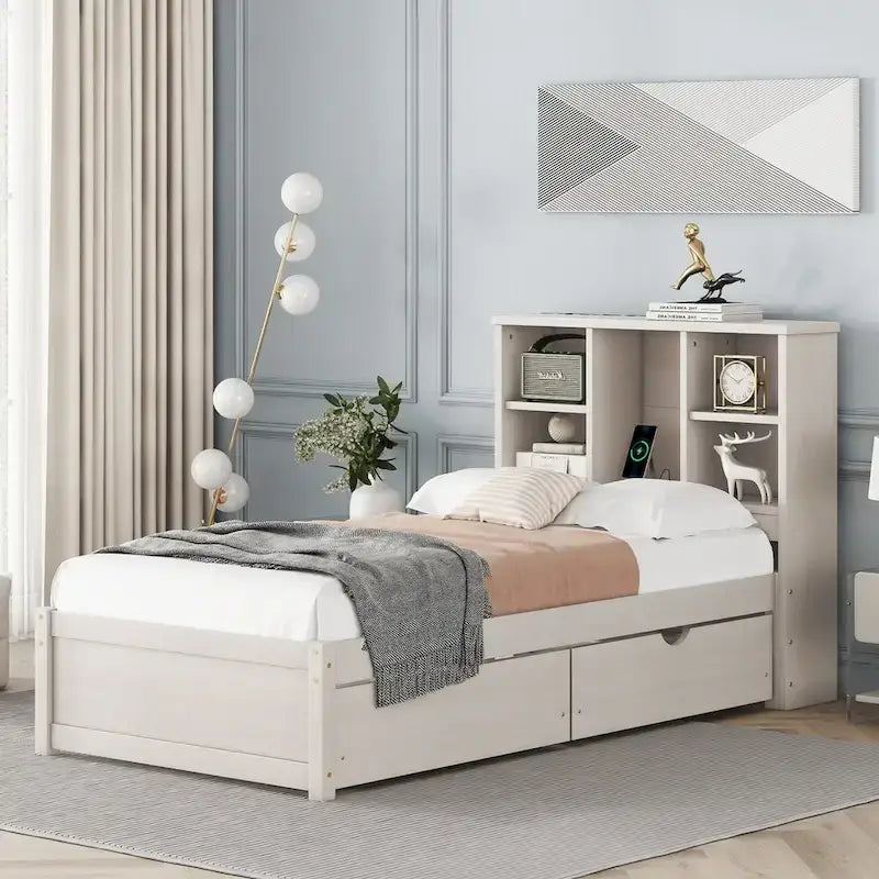 Cadre de lit moderne double avec port USB intégré sur la tête de lit bibliothèque et 2 tiroirs pour chambre à coucher, salon