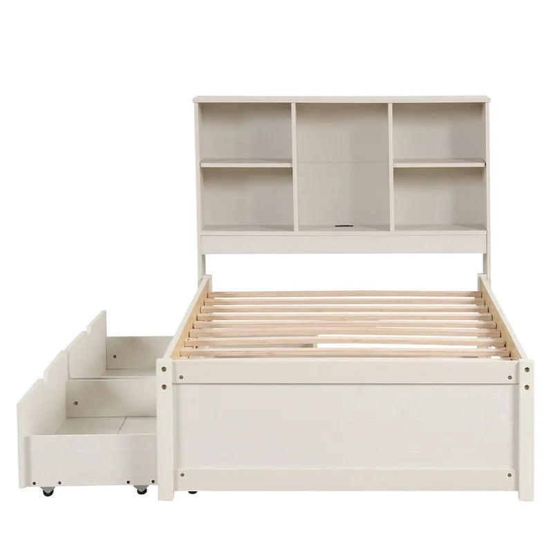 Cadre de lit moderne double avec port USB intégré sur la tête de lit bibliothèque et 2 tiroirs pour chambre à coucher, salon