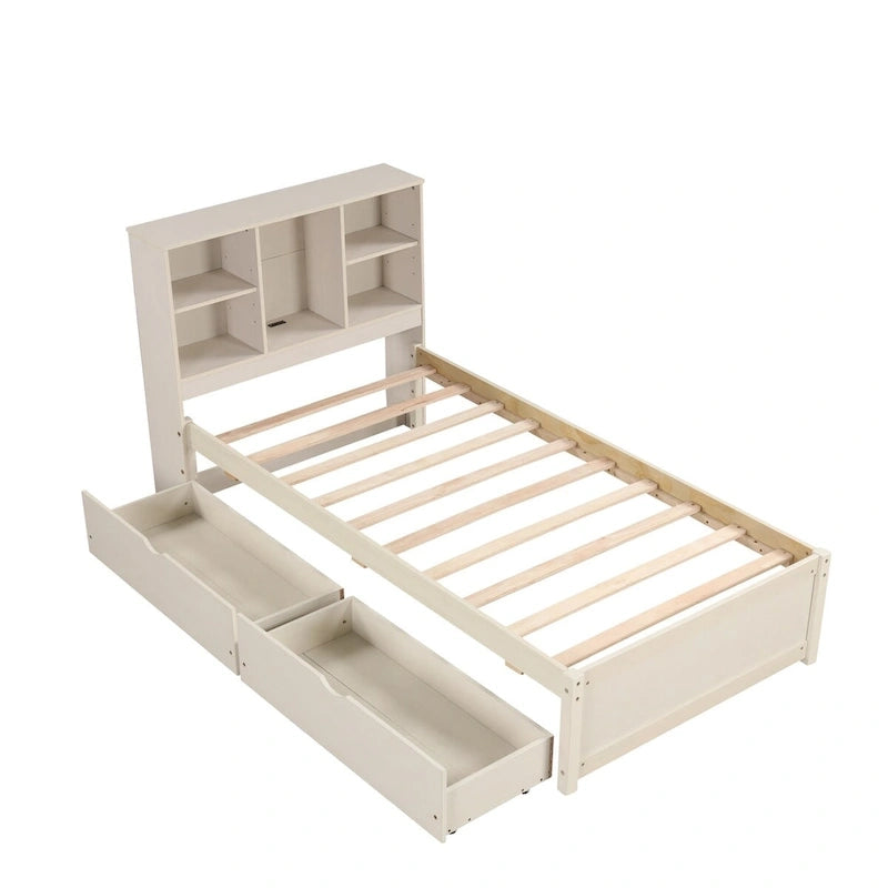 Cadre de lit moderne double avec port USB intégré sur la tête de lit bibliothèque et 2 tiroirs pour chambre à coucher, salon
