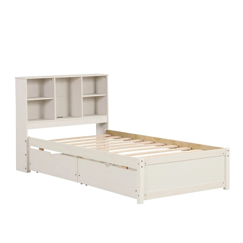 Cadre de lit moderne double avec port USB intégré sur la tête de lit bibliothèque et 2 tiroirs pour chambre à coucher, salon