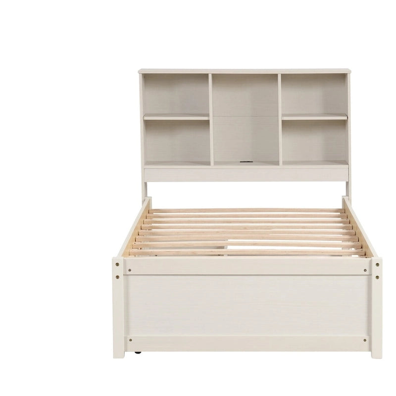 Cadre de lit moderne double avec port USB intégré sur la tête de lit bibliothèque et 2 tiroirs pour chambre à coucher, salon