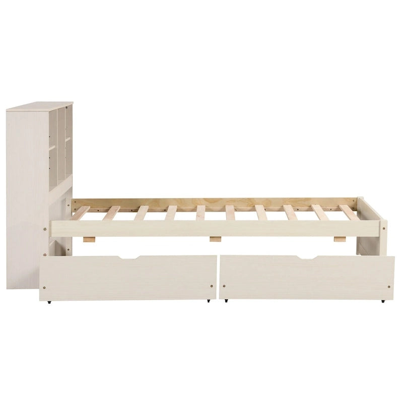 Cadre de lit moderne double avec port USB intégré sur la tête de lit bibliothèque et 2 tiroirs pour chambre à coucher, salon