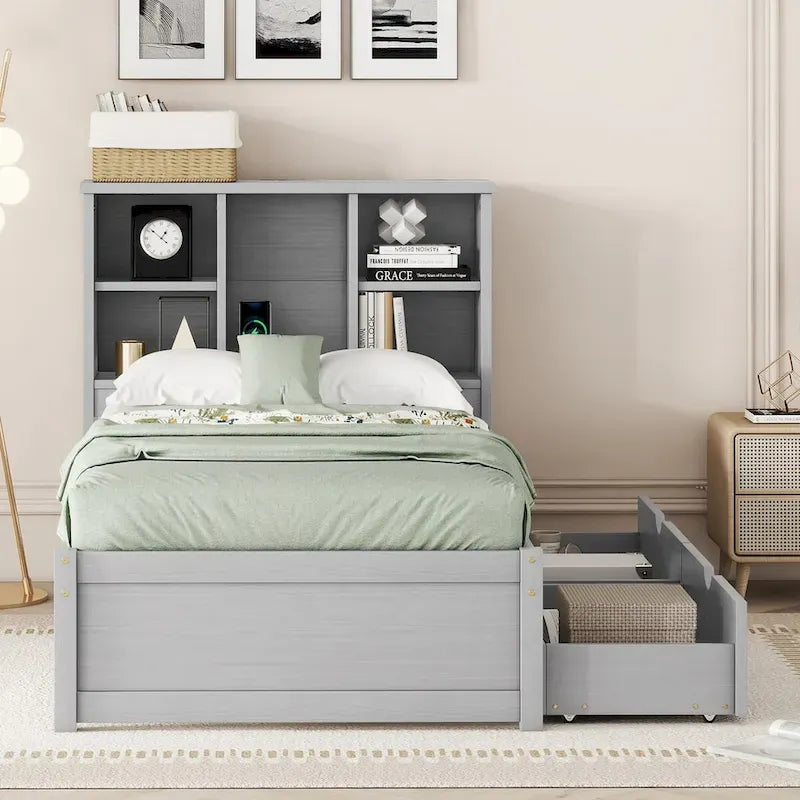 Cadre de lit moderne double avec port USB intégré sur la tête de lit bibliothèque et 2 tiroirs pour chambre à coucher, salon
