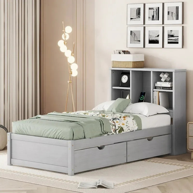 Cadre de lit moderne double avec port USB intégré sur la tête de lit bibliothèque et 2 tiroirs pour chambre à coucher, salon