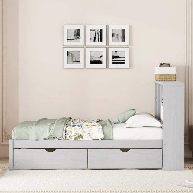 Cadre de lit moderne double avec port USB intégré sur la tête de lit bibliothèque et 2 tiroirs pour chambre à coucher, salon