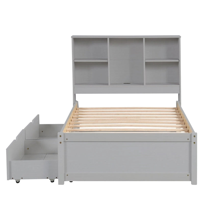 Cadre de lit moderne double avec port USB intégré sur la tête de lit bibliothèque et 2 tiroirs pour chambre à coucher, salon