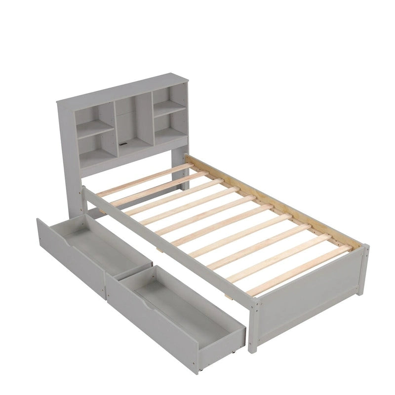 Cadre de lit moderne double avec port USB intégré sur la tête de lit bibliothèque et 2 tiroirs pour chambre à coucher, salon