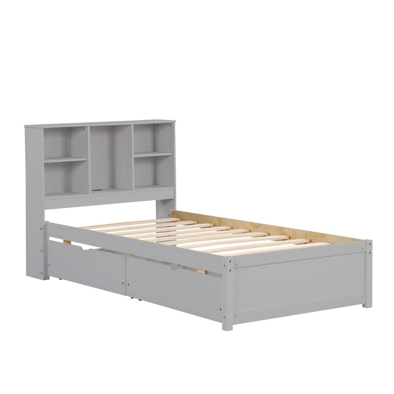 Cadre de lit moderne double avec port USB intégré sur la tête de lit bibliothèque et 2 tiroirs pour chambre à coucher, salon