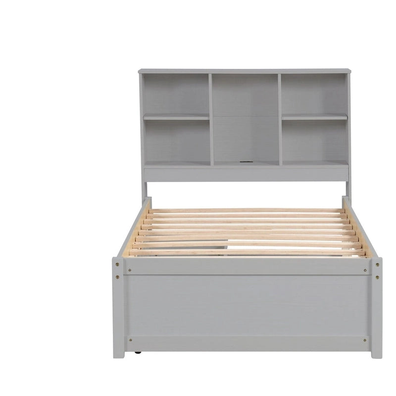 Cadre de lit moderne double avec port USB intégré sur la tête de lit bibliothèque et 2 tiroirs pour chambre à coucher, salon
