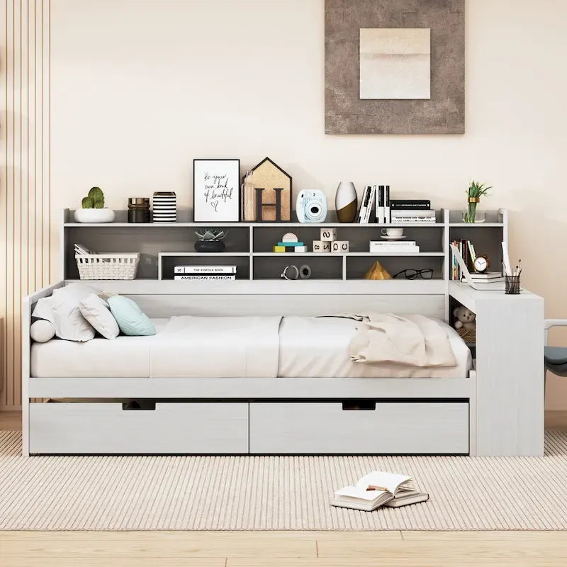 Lit de repos double en bois avec étagères de rangement