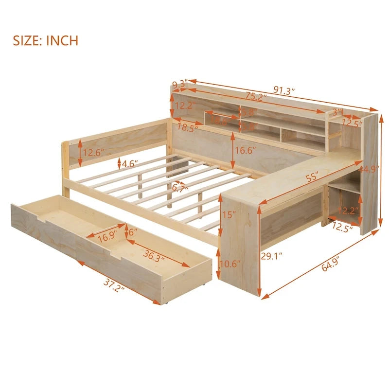 Lit de repos double en bois avec étagères de rangement