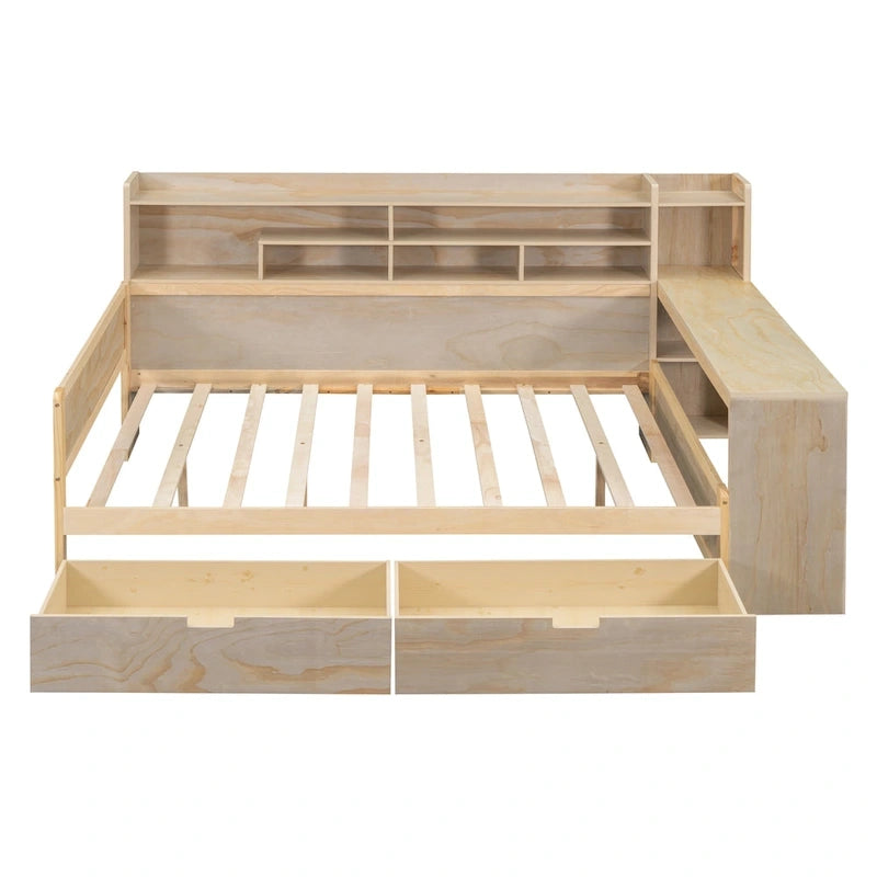 Lit de repos double en bois avec étagères de rangement