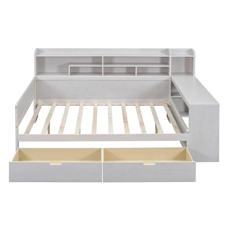 Lit de repos double en bois avec étagères de rangement