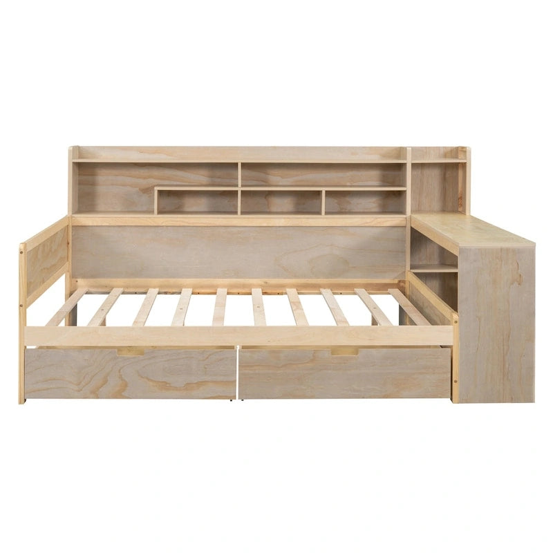 Lit de repos double en bois avec étagères de rangement