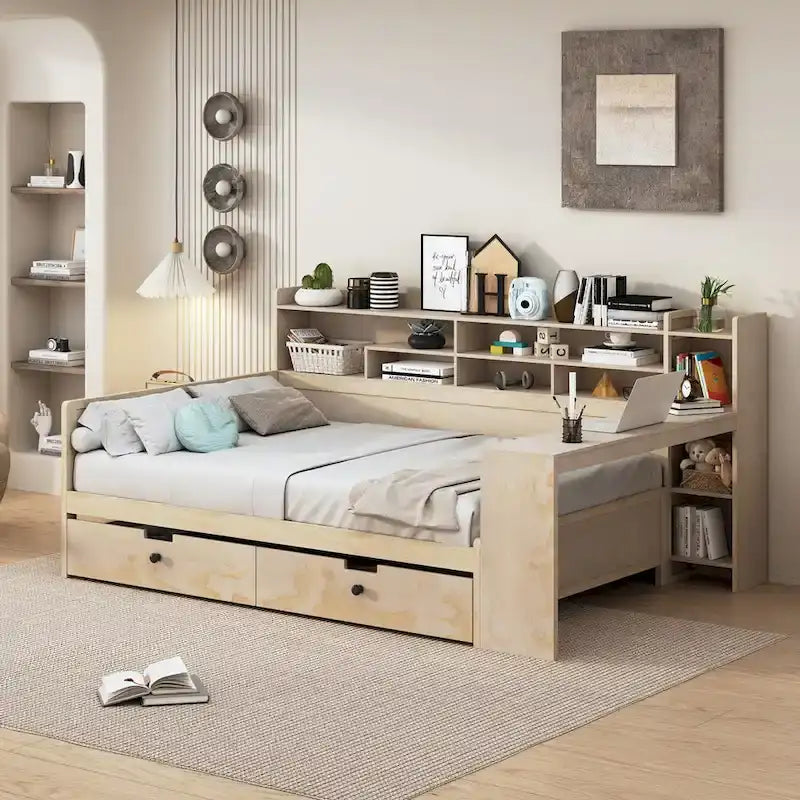 Lit de repos double en bois avec étagères de rangement