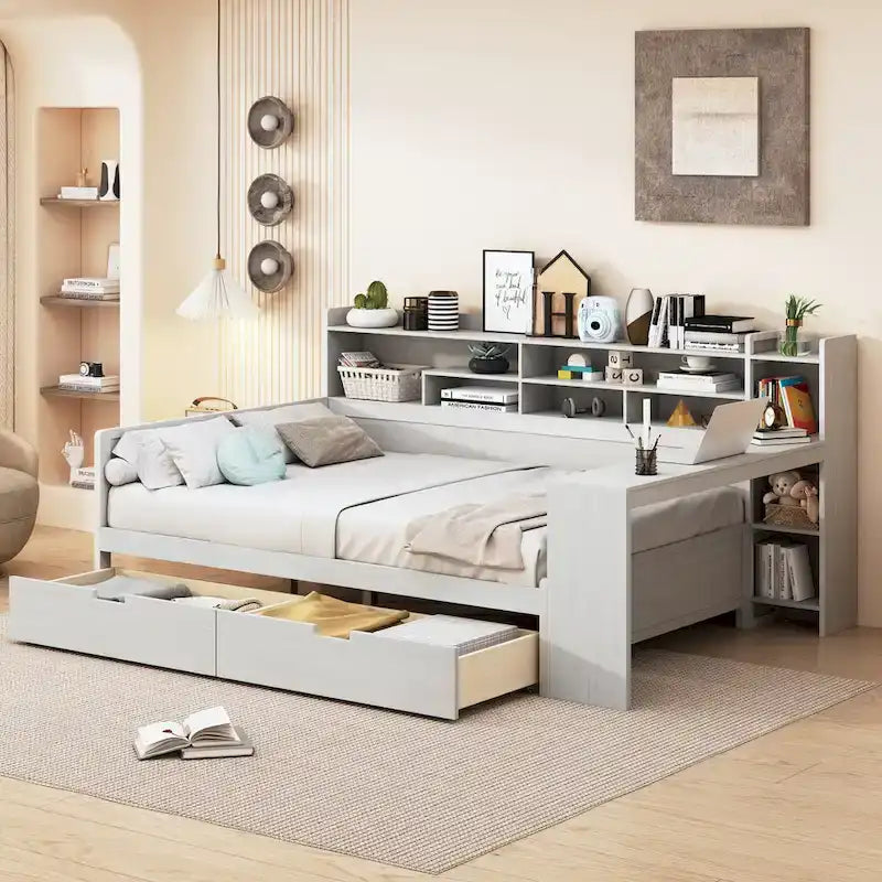 Lit de repos double en bois avec étagères de rangement