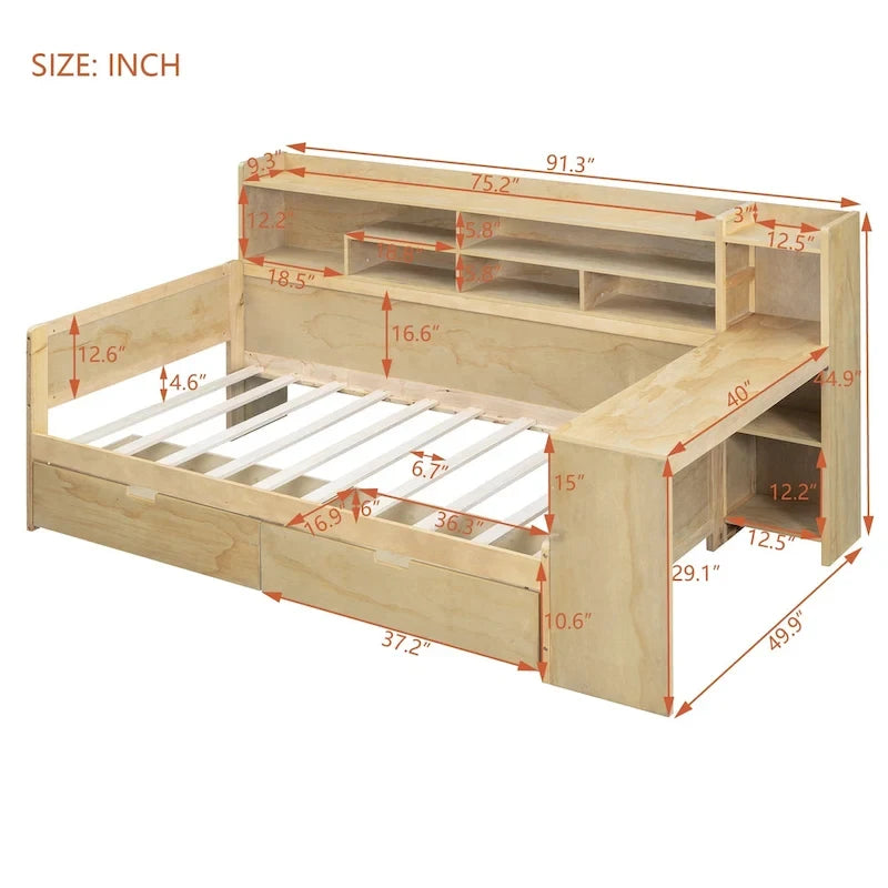 Lit de repos double en bois avec étagères de rangement