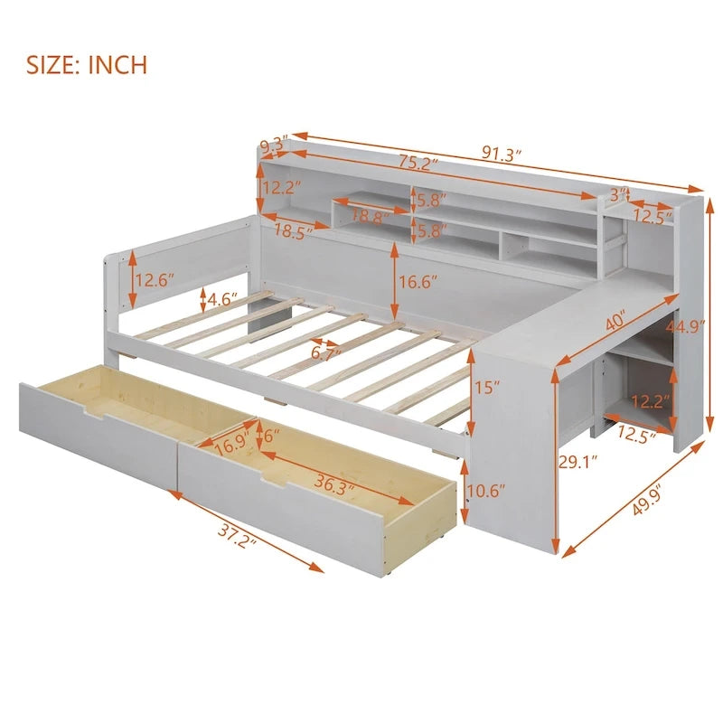Lit de repos double en bois avec étagères de rangement