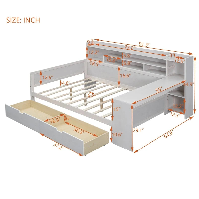 Lit de repos double en bois avec étagères de rangement