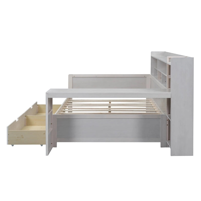 Lit de repos double en bois avec étagères de rangement